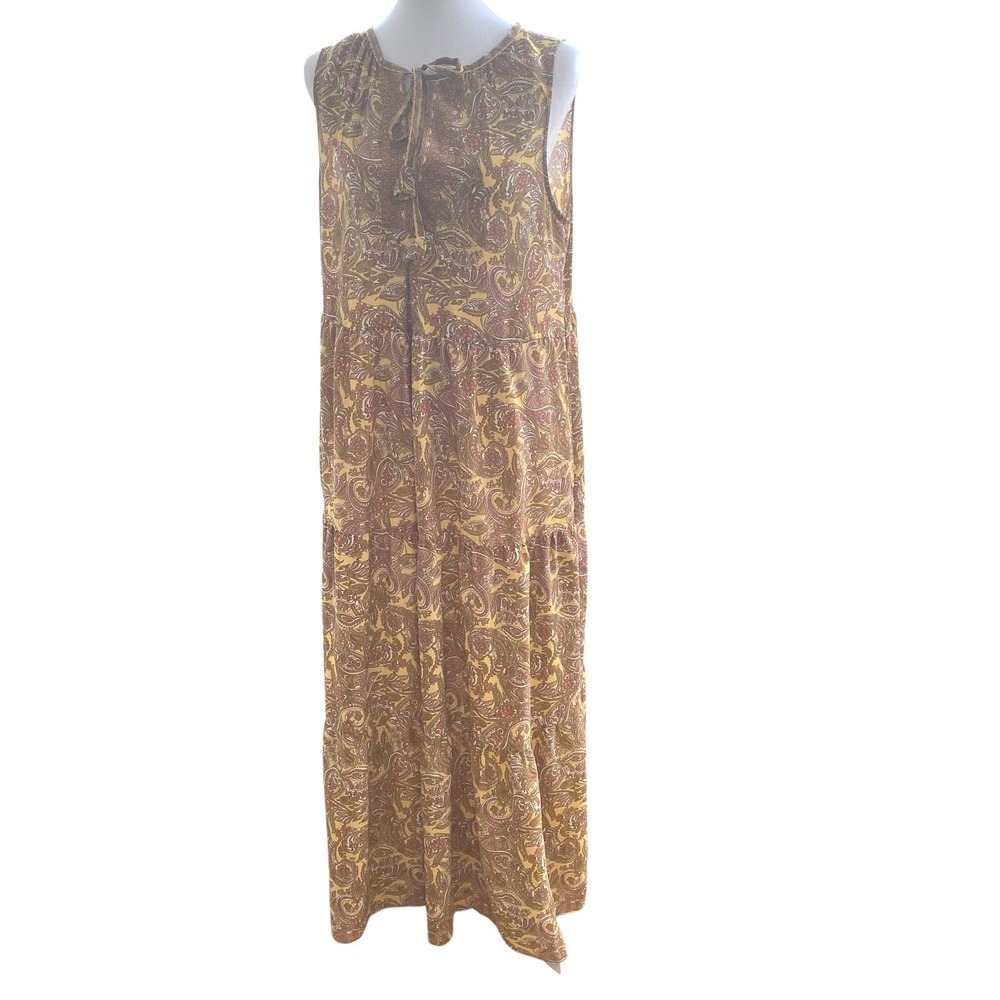 Max Studio Womens Paisley Tiered‎ Ruffle Maxi Dress Yellow Boho Sleeveless Large